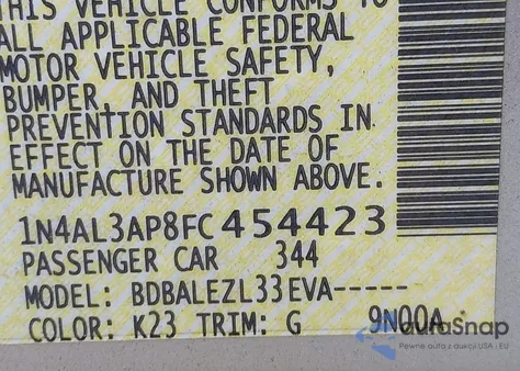 2015 Nissan Altima из США, поврежденный, VIN 1N4AL3AP8FC454423